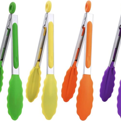 MSY BIGSUNNY Kitchen Food Tongs – 7″ Mini Silicone Serving Tongs – Set of 6 (purple red orange green yellow blue)