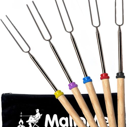 MalloMe Smores Sticks for Fire Pit Long – Marshmallow Roasting Sticks Smores Kit – Smore Skewers Hot Dog Fork Campfire Cooking Equipment, Camping Essentials S’mores Gear Outdoor Accessories 32″ 5 Pack