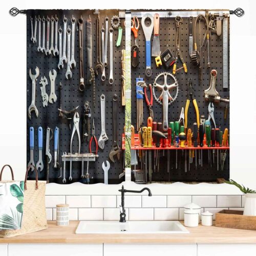Man Cave Curtains, Retro Rustic Garage Tools Shed Workshop Fixing Equipment Vintage Small Short Window Drapery Treatments for Boys Men Teens Bedroom Living Room Kitchen Home 2 Panels Set, 55×39 Inch