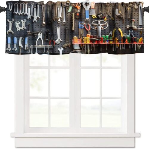Man Cave Valance Curtain Vintage Style Tools Wall Tool Shed Workshop Fixing Equipment Rod Pocket Valance Window Treatments 1 Panel Short Curtains for Kitchen Living Room 54 x 18 in