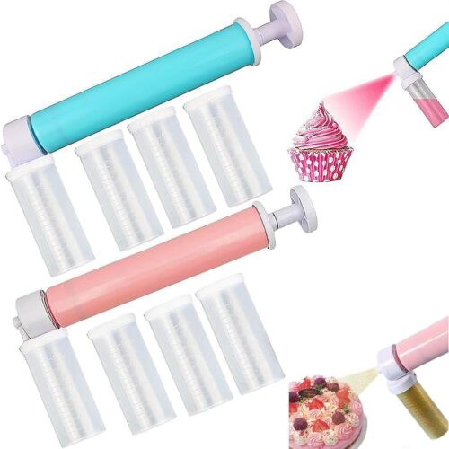 Manual Airbrush for Cake Decorating, Plastic DIY Baking Tools Kit With 4pcs Spray Tube for Kitchen Decorating Cupcakes, Cookies and Desserts, Pink+Blue