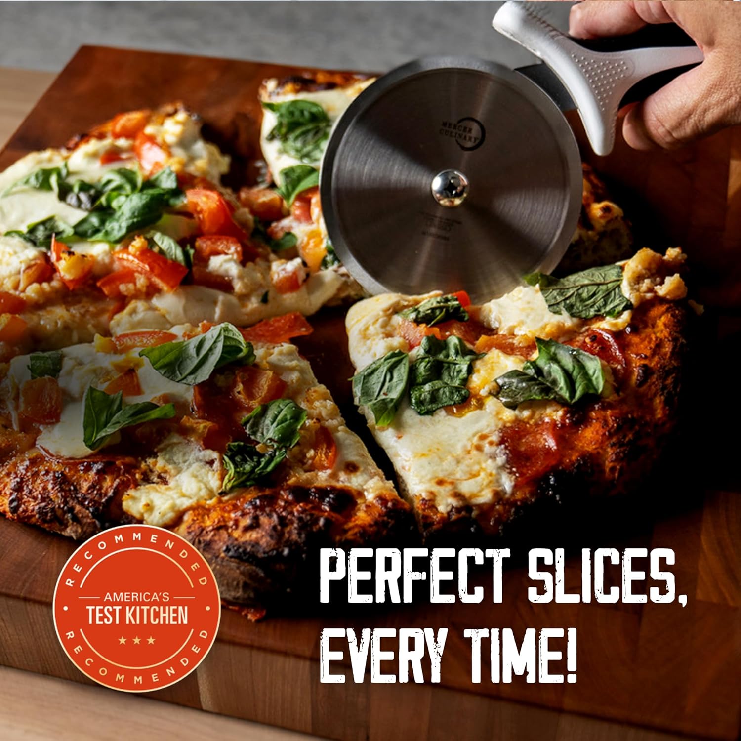 Mercer Culinary Millennia Pizza Cutter with Brown Handle, 4 Inch Wheel, Stainless Steel - Image 2