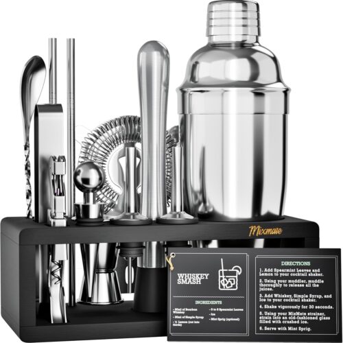 Mixology Bartender Kit with Stand – 15 Piece Bar Tool Set, Silver Bar Set Cocktail Shaker Set for Drink Mixing – Includes Martini Shaker, Jigger, Strainer, Bar Mixer Spoon, Tongs, Opener | Gift Idea