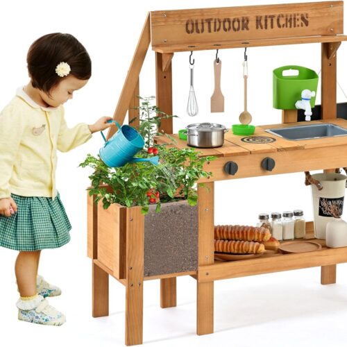 Mud Kitchen for Kids Outdoor, Wood Play Kitchen with Planter Box, Toddler Sink, Faucet, Blackboard, Water Cup and Accessories