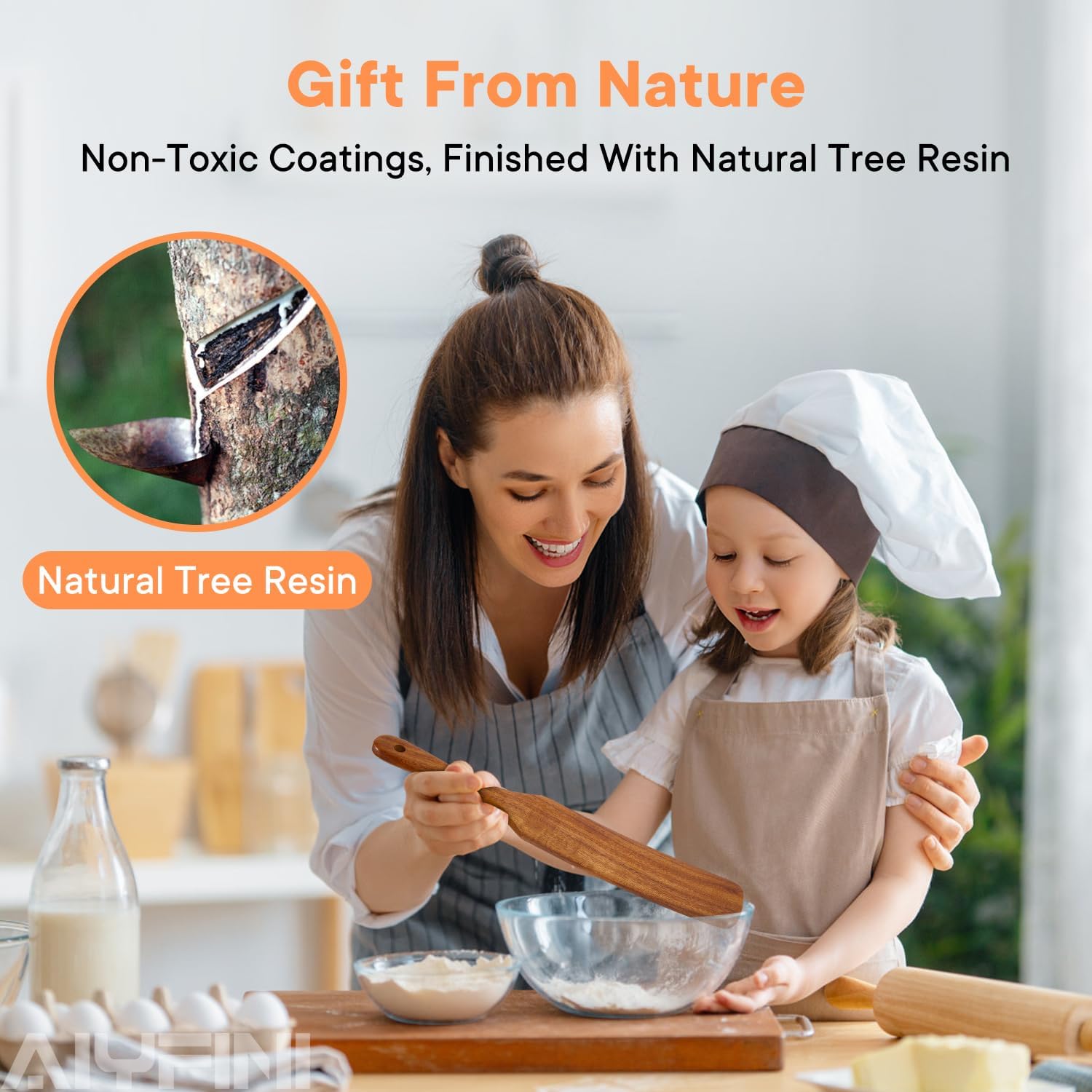 Non-Toxic Wooden Utensils for Cooking - Natural Acacia & Glue-Free,15.4" Large Spatula Set, Long Handle for Scald-Resistant, Wood Kitchen Spoons/Chopsticks/Holder, for Non Stick Frying Pans by ALYFINI - Image 2