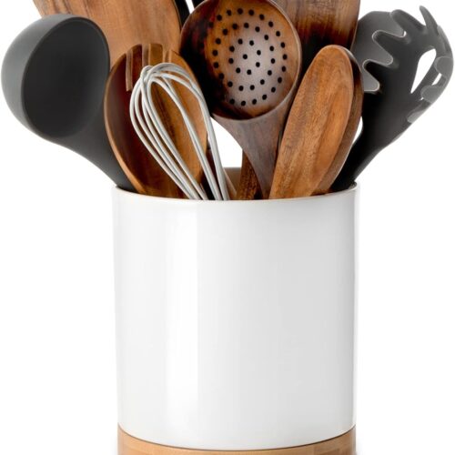 Nucookery 360° Rotating Utensil Holder, 7.2″ Large Utensil Crock, White Ceramic Cooking Utensil Organizer with Countertop-Protection Cork Bottom for Farmhouse Kitchen Decor Christmas Gift (White)