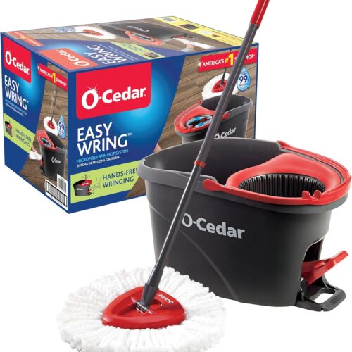 O-Cedar EasyWring Microfiber Spin Mop, Bucket Floor Cleaning System, Red, Gray, Standard