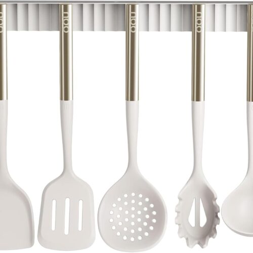 OOU Silicone Kitchen Cooking Utensils Set, 446°F Heat Resistant Kitchen Tool Set with Magnetic Wall Mounted Holder, 6 pcs Spatula Set with Stainless Steel Handle, Dishwasher Safe