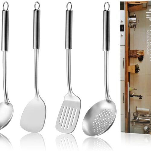 Pleafind 4-Pcs Cooking Utensils Set, Stainless Steel Kitchen Utensils, Wok Utensils Set Include Wok Ladle, Slotted Spoon, Wok Spatula and Slotted Spatula, Dishwasher Safe