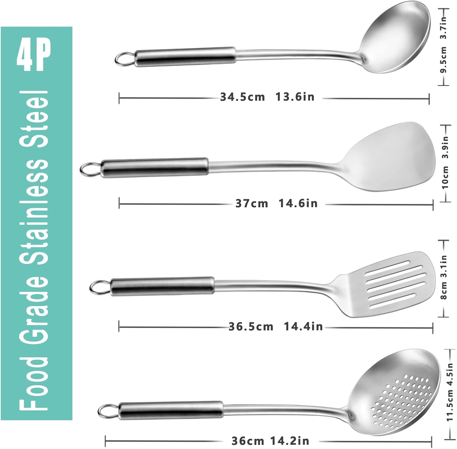 Pleafind 4-Pcs Cooking Utensils Set, Stainless Steel Kitchen Utensils, Wok Utensils Set Include Wok Ladle, Slotted Spoon, Wok Spatula and Slotted Spatula, Dishwasher Safe - Image 2