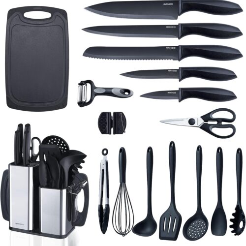 RAXCO Kitchen Utensils Set,18-Piece Cooking Tools and Sharp Knives,Stainless Steel Holder and Cutting Board