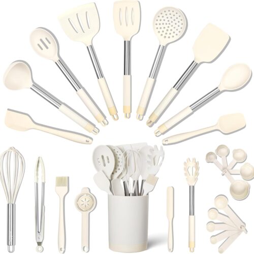 SMIRLY Kitchen Utensils Set, 26PCS Silicone Cooking Utensils Set, Spatula Set with Holder, Stainless Steel Kitchen Gadgets for Home and Kitchen