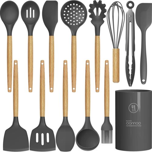 Silicone Cooking Utensils Kitchen Utensil Set – 446°F Heat Resistant Silicone Kitchen Utensils Set, Spatula,Turner Tongs, Spoon, Brush, Whisk,Kitchen Gadgets for Nonstick Cookware, BPA Free (Gray)