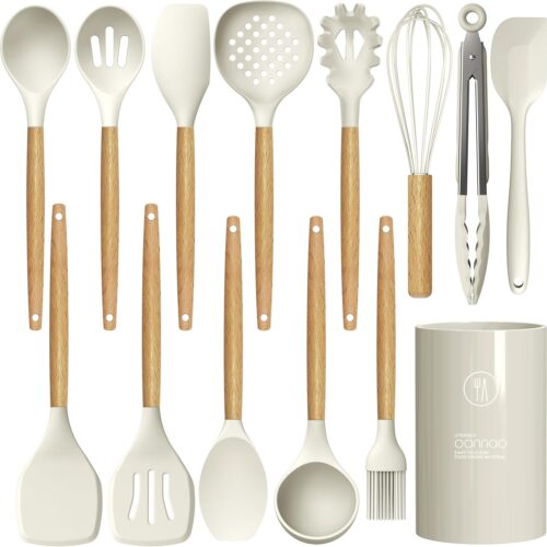 Silicone Cooking Utensils Set – 446°F Heat Resistant Silicone Kitchen Utensils for Cooking,Kitchen Utensil Spatula Set w Wooden Handles and Holder, BPA FREE Gadgets for Non-Stick Cookware (Khaki)