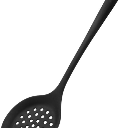 Silicone Slotted Spoon, Heat Resistant Kitchen Colander Spoon, Silicone Nonstick Large Skimmer Slotted Spoons for Cooking Frying Soup Draining (Black)