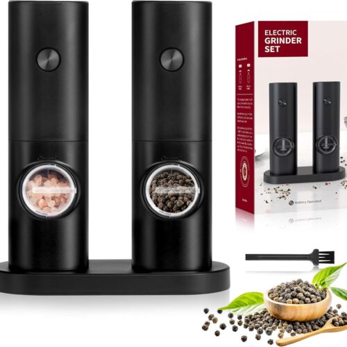 Simple Deluxe Electric Salt and Pepper Grinder Set, One Hand Adjustable Coarseness, Battery Powered, Seasoning Tools for Kitchen, Dining or Gifts, Black