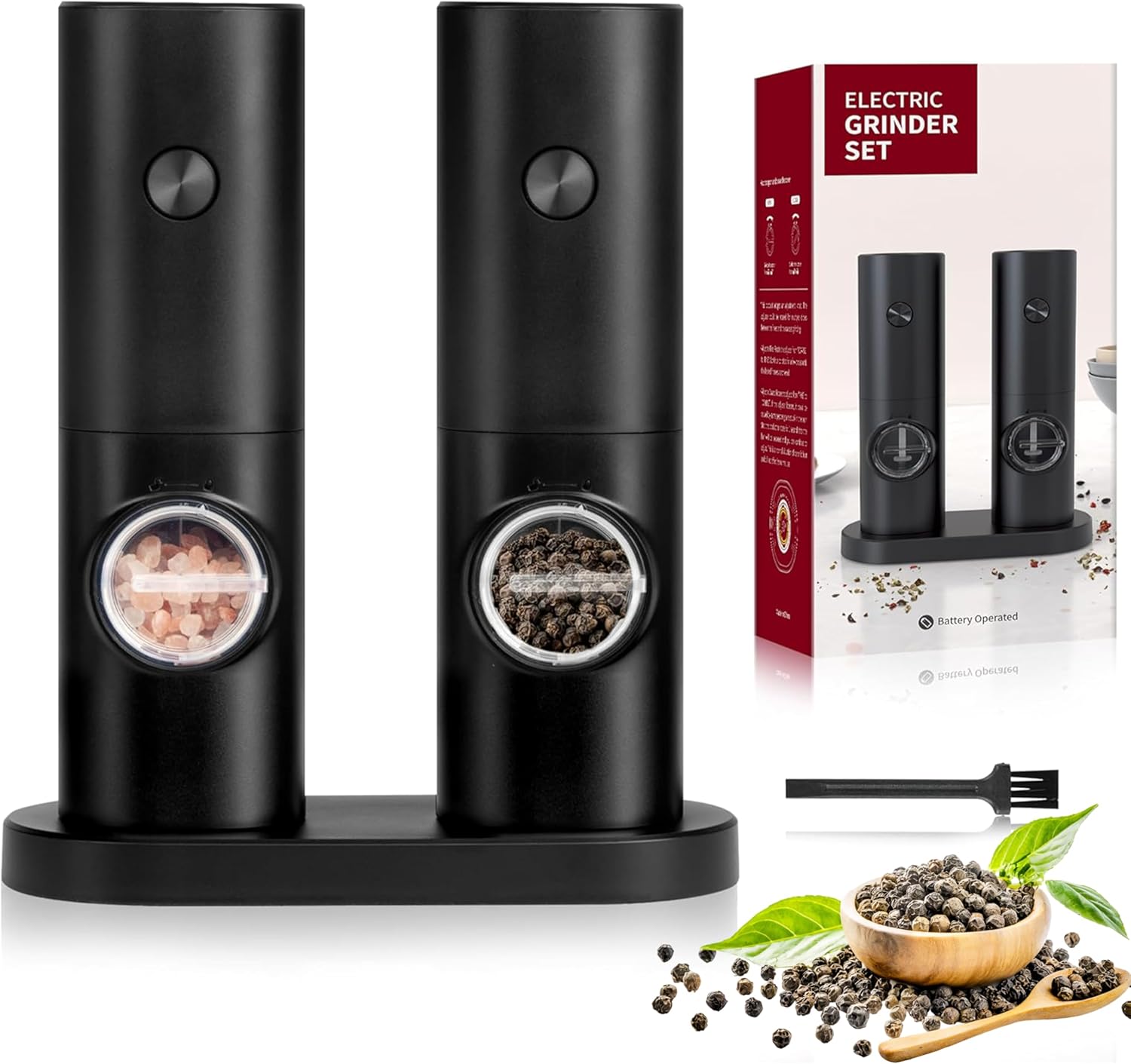 Simple Deluxe Electric Salt and Pepper Grinder Set, One Hand Adjustable Coarseness, Battery Powered, Seasoning Tools for Kitchen, Dining or Gifts, Black