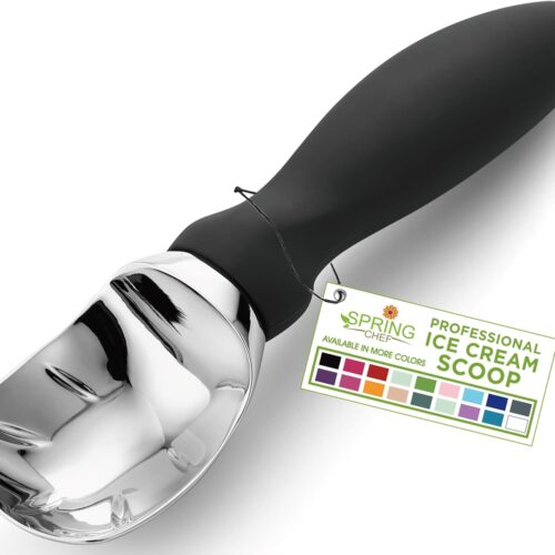 Spring Chef Heavy Duty Ice Cream Scoop with Comfortable Handle – Professional Ice Cream Scooper for Gelato, Sorbet, Cookie Dough, Melon, Frozen Yogurt – Dishwasher Safe Metal Kitchen Tool – Black
