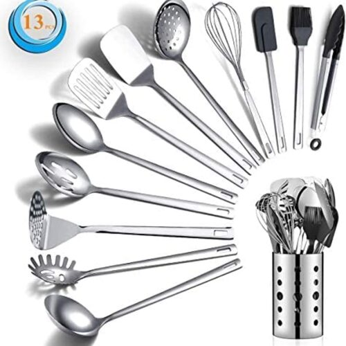 Stainless Steel Cooking Utensils Set, Berglander 13 Pieces Kitchen Utensils Set, Kitchen Tools Set With Utensil Holder Non-Stick And Heat Resistant,Dishwasher Safe, Easy to Clean (13 Packs)