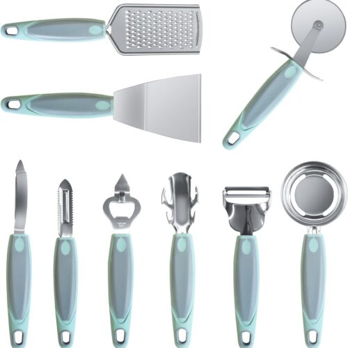 Stainless Steel Kitchen Gadget Set, 9 PCS Cooking Gadgets Tools Set with Soft Touch Handles, Pizza Cutter, Peeler, Cheese Grater, Bottle Opener, Egg Separator, Grill Spatula, Holding Clamp