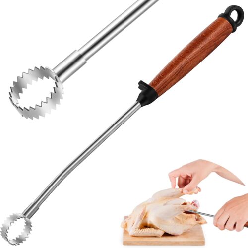 Stainless Steel Lung Remover Shears with Double Sided Serration Working Head and Wooden Handle, Comfortable and Reliable Chicken Processing Tool to Efficiently Remove Poultry and Turkey Lungs