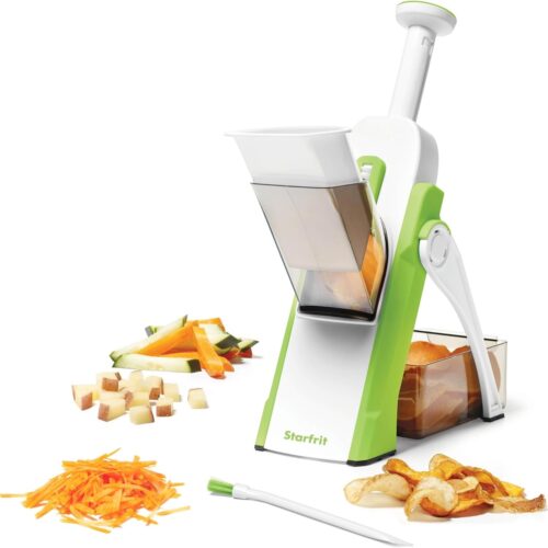 Starfrit Pump’n’Slice – Vertical Mandoline, Food Chopper, Slicer – Precision Adjustable Slicing, Julienne, Dicing – Safe Enclosed Blades, Fold for Storage – High Efficiency Spring Pump – Cleaning Tool