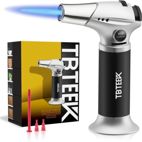 TBTEEK Butane Torch, Kitchen Torch Cooking Torch with Safety Lock & Adjustable Flame for Cooking, BBQ, Baking, Brulee, Creme, DIY Soldering(Butane Not Included)