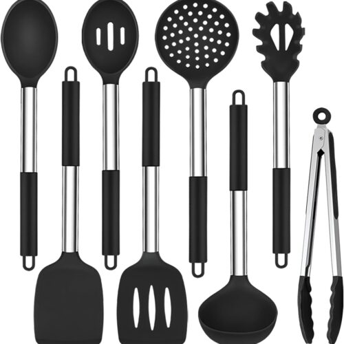 TeamFar Kitchen Utensils Set of 8, Silicone Utensils Kitchen Tools Set with Stainless Steel Handle, for Frying Serving Flipping Draining, Non-toxic & Heatproof, Nonstick & Dishwasher Safe – Black