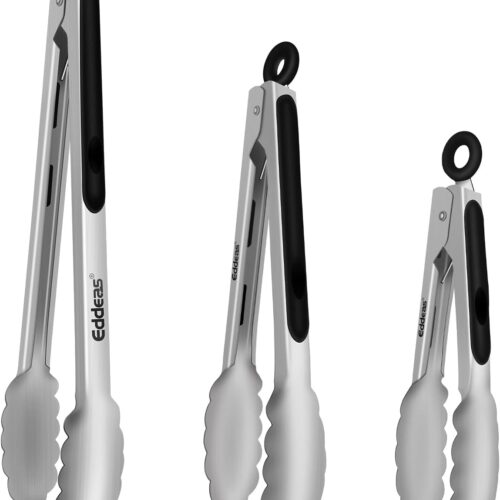 Tongs For Cooking – Heat Resistant 600 Degrees Stainless Steel Kitchen Tong,Heavy Duty Metal Locking Tongs – Perfect for Food,Salad and BBQ set of 3 (7″,9″ and 12″) Dishwasher