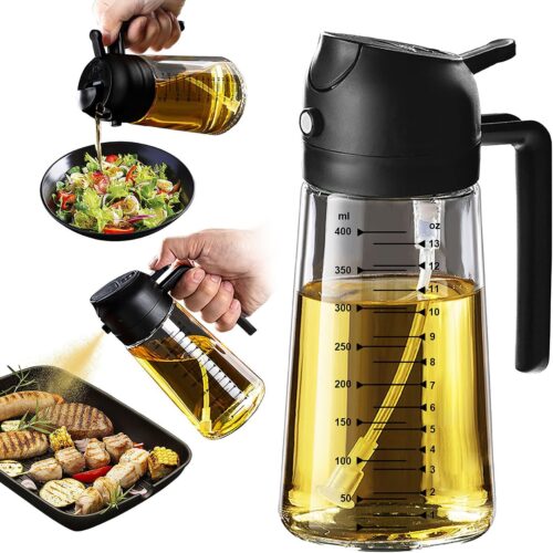 TrendPlain 16oz/470ml Glass Olive Oil Sprayer for Cooking – 2 in 1 Olive Oil Dispenser Bottle for Kitchen Gadgets and Air Fryer Accessories, Salad, BBQ – Black
