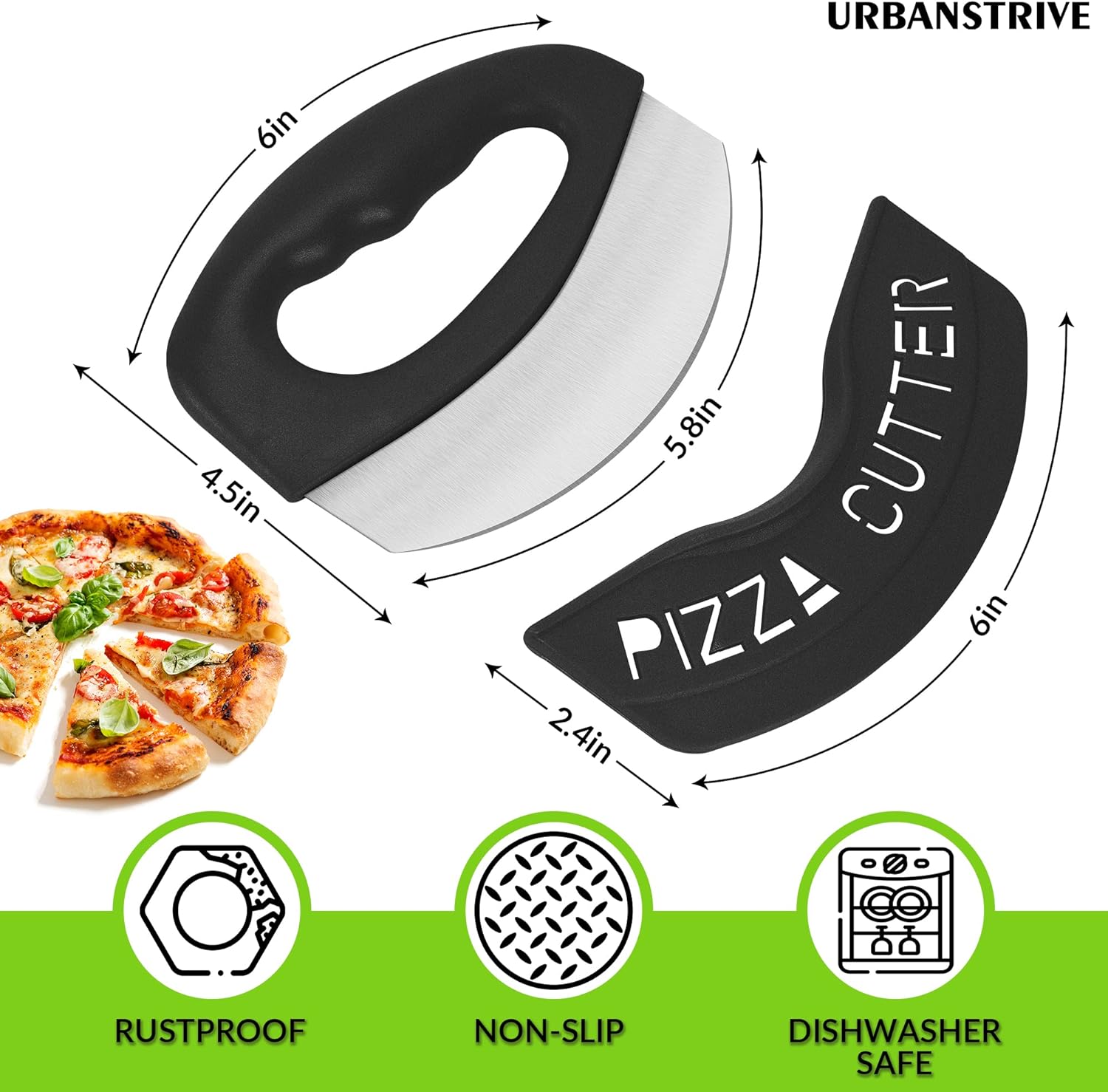Urbanstrive Heavy Duty Stainless Steel Pizza Cutter with Cover, Super Sharp Blade Pizza Knife Pizza Cutter Rocker, Perfect Kitchen Gadgets for Pizza Cutting Home Essentials, Black - Image 2