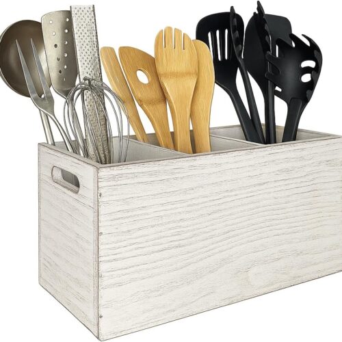 Wood Utensil Holder Organizer for Counter – Large Wooden Utensil Caddy for Countertop – 3 Compartment Cooking Tool Storage for Spatula – Farmhouse Kitchen Decor and Accessories (White)