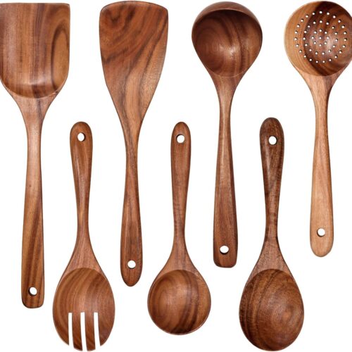 Wooden Non-Stick Kitchen Pan Toolset 7 Pieces Set,100% Natural Teak Kitchen Utensils Spatula, Wooden Cooking Utensils Spoons, Fried Spatula and Salad Fork