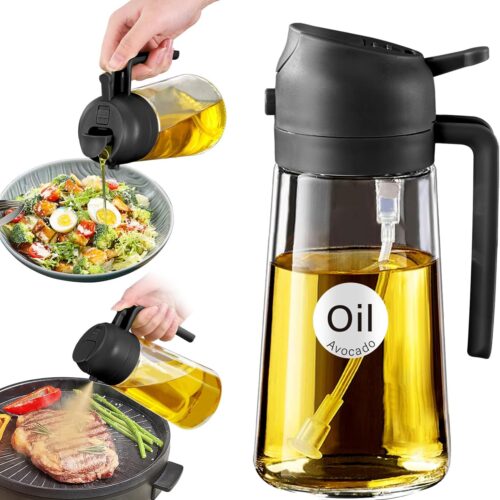 YARRAMATE 16oz/470ml Glass Olive Oil Sprayer for Cooking with Stickers, 2 in 1 Oil Dispenser for Kitchen Gadgets, Food Grade Premium Spray Bottle with Portion Control for Salad, Frying, BBQ (Black)