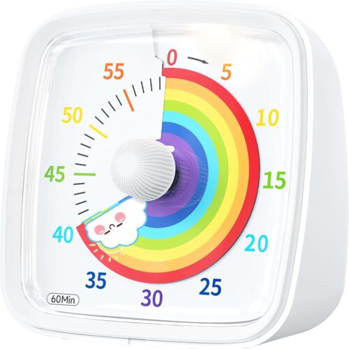 Yunbaoit Visual Timer with Night Light, 60-Minute Rainbow Countdown Timer for Kids and Adults, Time Management Tool for Home, School, Kitchen, or Office (White)