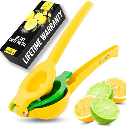 Zulay Kitchen Metal 2-in-1 Lemon Squeezer – Sturdy Max Extraction Hand Juicer Lemon Squeezer Gets Every Last Drop – Easy to Clean Manual Citrus Juicer – Easy-Use Lemon Juicer Squeezer – Yellow/Green