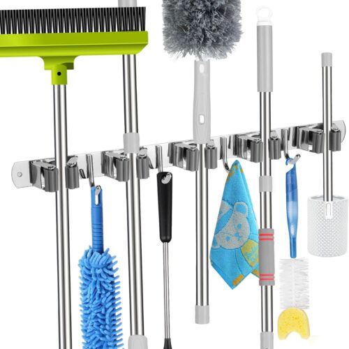 voze 5 Racks and 4 Hooks Mop and Broom Holder Wall Mount, Self Adhesive Heavy Duty Broom Hanger Organizer Storage Tool Racks for Kitchen Garden Laundry Garage