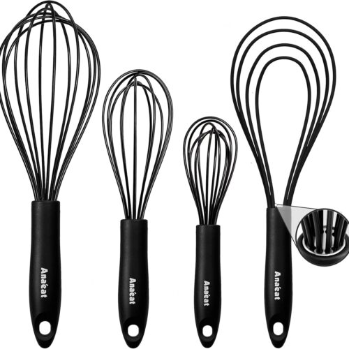Anaeat Silicone Kitchen Whisk Set of 4, Perfect for Non-Stick Cookware, Egg Beater Milk ​Blender for Whisking, Cooking, Baking, Beating – 11” Flat Whisk and 8.5”+10.5”+12” Balloon Whisks (Black)