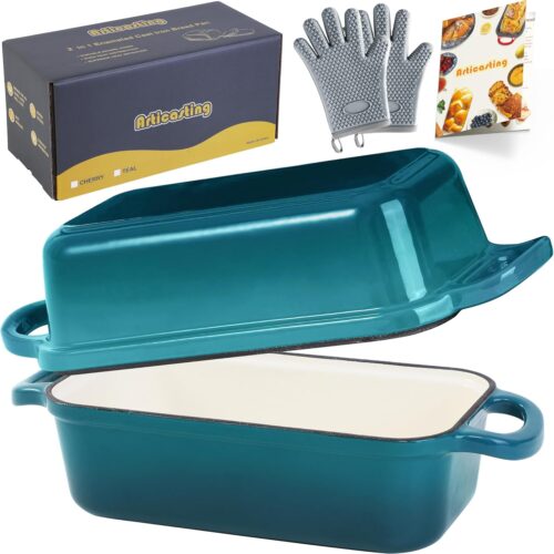 Cast Iron Loaf Pan With Lid, Enameled Bread Loaf Pan For Homemade Bread Sourdough, 2 In 1 Loaf Pans For Baking Bread 9×5, Even Heating Bread Dutch Oven, Teal